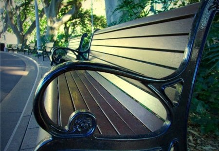 SIT FOR AWHILE - park bench, brown, trees, yellow