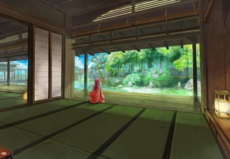 Just Relaxing - house, female, tatmi mats, girl, flower, green, anime drawing, orginal wall, sky, sliding door, drawn