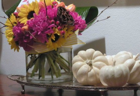 Autumn beautiesâ™¥ - love, sunflowers, fashion, entertainment, centerpiece, bright, white, halloween, pumpkins, forever, floral, electric pink, yellow, arrangement, decor