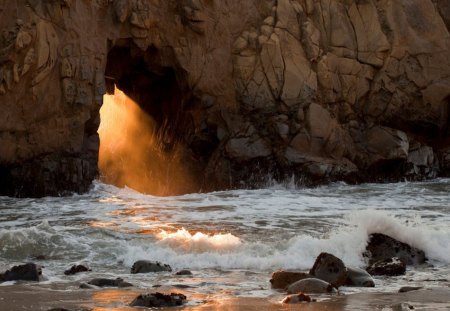 Natural Arch, California - california, cliff, rock, water, beach, ocean, sand, mountaiin, light, nature, day