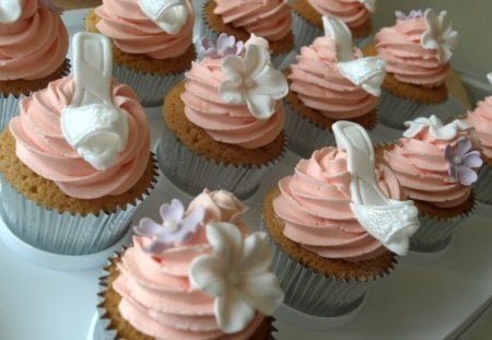 Cupcakes - cream, bride, cupcake, shoe, wedding, food, flower, pink, orange, martzipan, white, purple, dessert