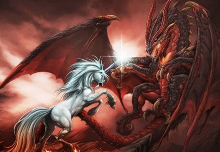 Fantastic fight - fantastic, light, horse, creature, fantasy, white, animal, dragon, red, wings, fight, unicorn