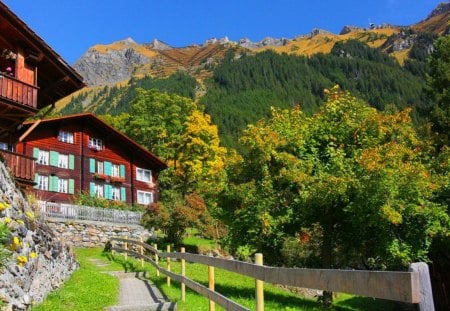 Autumn in Wengen - nice, cottage, autumn, sky, trees, greenery, hotel, foliage, villa, fall, pretty, green, grass, cliffs, fence, falling, mountain, summer, peaks, lovely, slopes, wengen, nature, village, beautiful, rest, cabin, europe