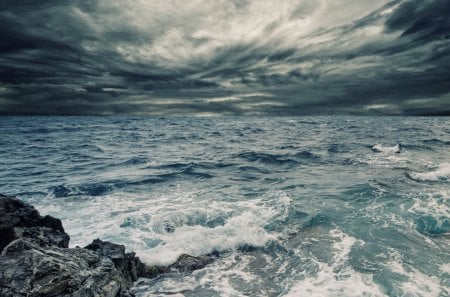 Stormy Sea Sky - storm, clouds, blue, sea, stormy, ocean, shore, wind, waves, sky, rocks