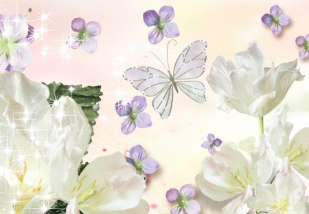 White Flowers and Butterfly - star, scatter, summer, tranquil, spring, fleurs, flowers, simplicity, butterfly, shine