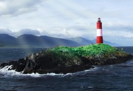 ~Atmosphere of Lighthouse~ - fog, attractions in dreams, blue, creative pre-made, sunshine, island, architecture, atmosphere of lighthouse, cloud, lighthouses, most downloaded, stunning places, love four seasons, sky, moutains, green tree