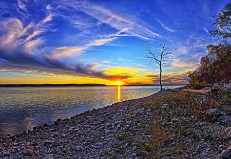 Sunset Ocean - the, beach, ocean, sunset, stones, on