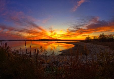 Sunset - lake, sunset, shrubs, trees