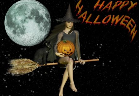 *** Scary witch and noon *** - moon, halloween, witch, scary, pumpkin, artwork, broom, noon