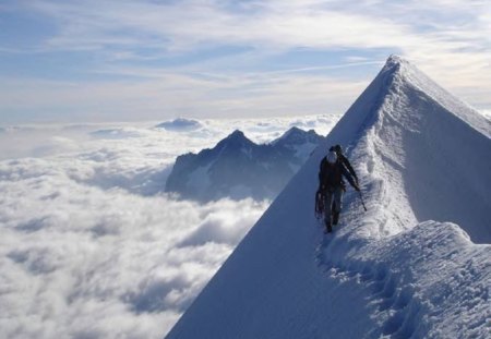 Climber On The Mountain - snow, clouds, mountain, sky