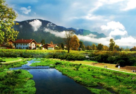 beautiful town landscape - trees, mountain, town, clouds, river