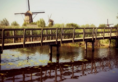 great windmill landscape - windmills, bridge, trees, river