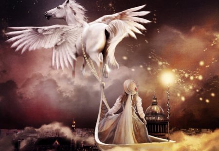 Night Flight - pegasus, fantasy, flying, girl, abstract