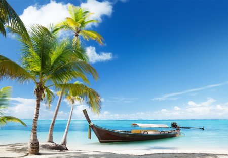 *** Wonderful summer in the tropics *** - sky, beach, tropics, trees, paradise, peaceful, bout, wonderful, coast, cool, clouds, sand, boat, palm trees, ocean, palms, summer, tropical, palm, waves, nature, ship, blue, island, sea