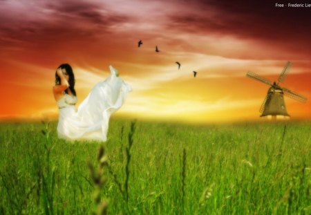 Free - greenery, windmill, girl, fantasy