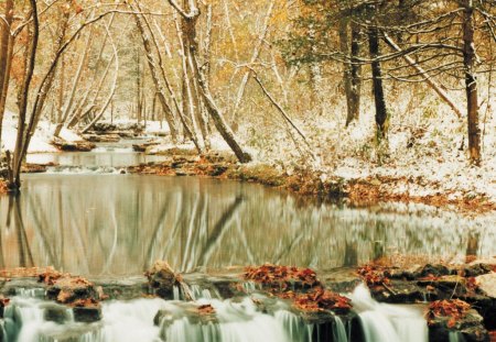 fall landscape - stream, fall, trees, snow