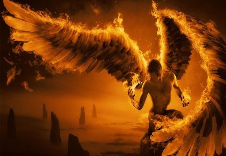 Burning Angel - burning, angel, wings, fire, fantasy, rocks, comic, art, man, male, flames, falling, on, hell, firey, fog, sea