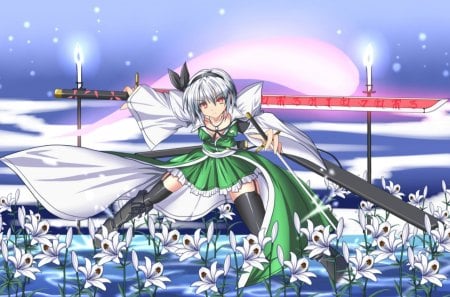 Oh dear What do we have here - game, anime, water, orginal wallpaper, sheath, candle, girl, sword, night, flower, youmu, stand, touhou