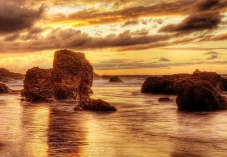 Morning Beach - morning, ocean, beach, sky, daylight, day, water, nature, reflection, clouds, smooth, rock, sand, sunrise