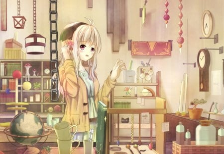 Clocks - clocks, laboratory, lantern, girl, pink, anime, manga