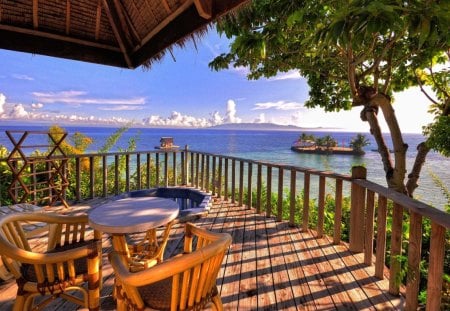 Wonderful Place - chairs, terrace, table, tree, sea