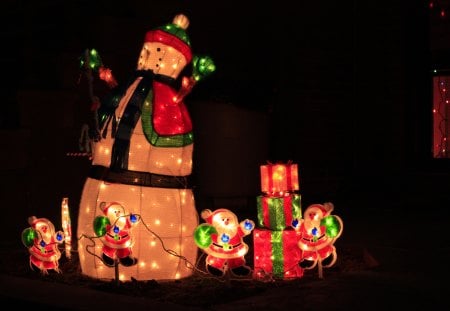 Christmas lights in the gardenâ™¥ - lights, winter, love, snowman, christmas, presents, forever, garden, decor, nature