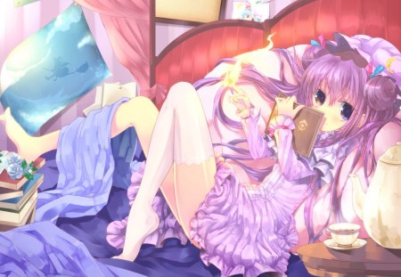 Patchouli Knowledge - dress, anime, bed, touhou