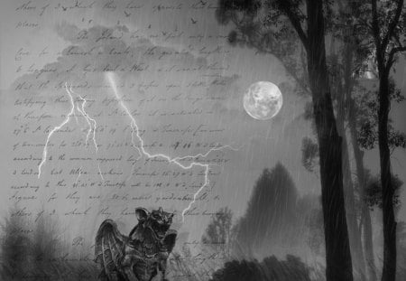 Scape - moon, cloud, trees, rain, lightning, gargoyle, writing