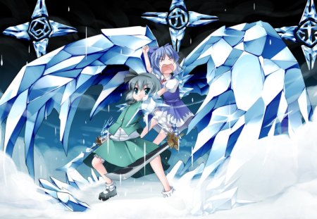 Cirno and Youmu Bankai - cirno, duel wielding, sword, parody, ice, touhou, bankai, youmu konpaku, bleach, wings