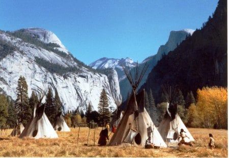 indian family - yosemite indians, hills, teepees