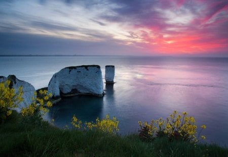 Dorset Chalk Cliffs Sunset - sunsets, sky, pink, chalk cliffs, sea, nature, dorset england, blue