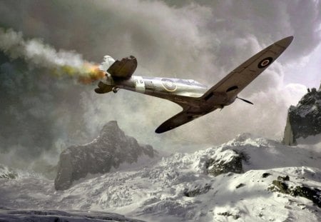 going down - fire, shoot up, spitfire, mountain, snow