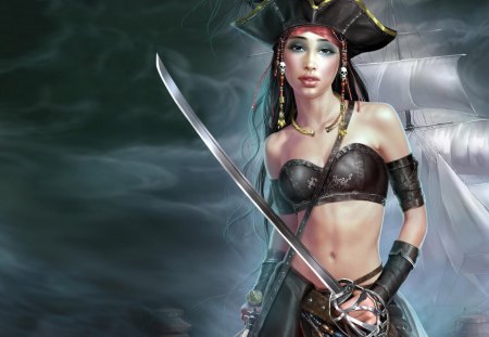 3d-fantasy - woman, beauty, lips, female, 01, eyes, tang yuehui, black, 2012, fantasy, painting, art, clouds, pretty girl, wench, sword, 11, young woman, lady, sexy, girl, graphic, lovely, cg, picture, ship, 3d, pirate, chinese