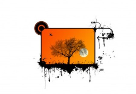 Vector Pen and Ink Picture - moon, circles, center, drips, silhouette, tree