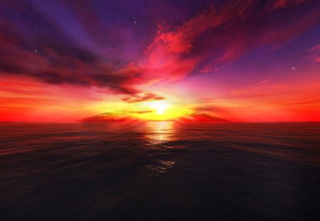 Devil's Sunset - devils sunset, water, devil, sea, ocean, sunset, red, sun, sky