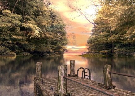 River - clouds, trees, water, beautiful, lovely, tree, pier, river, nature, 3d, lake, nice, lakes, peaceful, sky