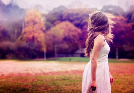 A WALK in the FIELD - windy, autumn, girl, hair, field, dress