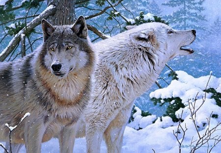 Wolves - animal, winter, art, wolf, wild, ice, nature, painting, snow