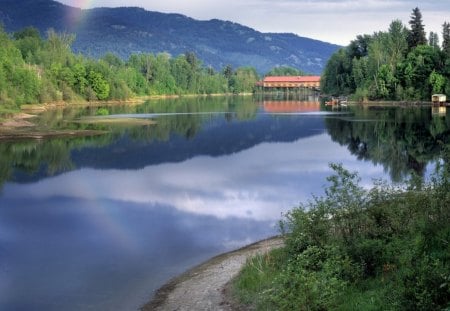 Rainbow and Covered Bridge - trees, water, forest, reflection, daylight, architecture, mountain, nature, land, lake, day, sky, bridge