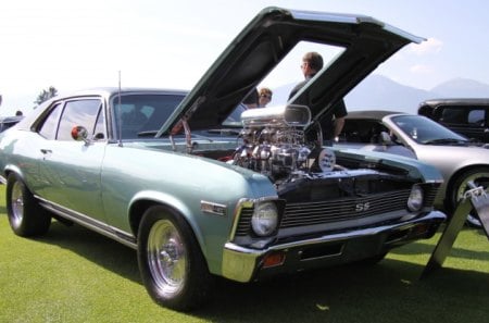 1968 Chevrolet Nova  SS 427 - chevrolet, photography, tires, engine, black, silver, headlights, blue, green, grass