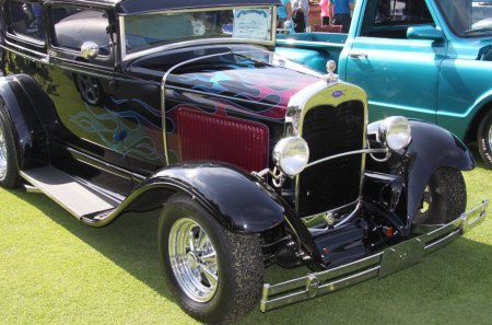 1930 Ford Model A - black, Ford, tires, headlights, photography