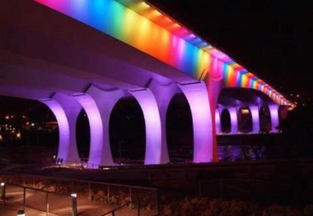 Rainbow Road in Minneapolis - rainbow, purple, colorful, architecture, road, bridge, lighted