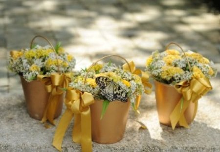 Lovely bright bucketsâ™¥ - love, special, bows, roses, ribbons, fashion, design, buckets, lovely, entertainment, bright, forever, floral, yellow, friendship