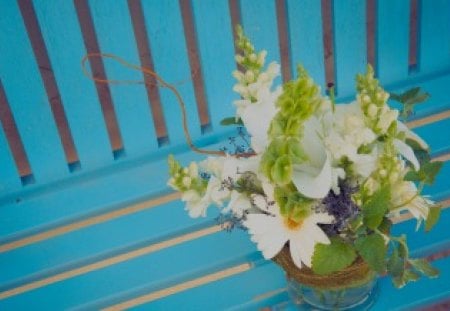 Beauty on a blue benchâ™¥ - flowers, love, porch, forever, blue, fresh, garden, white, bench, little, nature, green