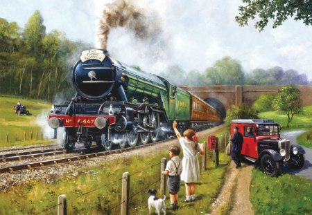 WATCHING THE TRAINS - artworks, children, train lines, trains, families, vintage, landscapes, railways, railroads