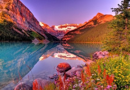 Lovely lake Louiza - calm, pretty, snowy, lovely, reflection, mountain, flowers, colorful, loiza, nature, serenity, lake, nice, beautyiful, sky