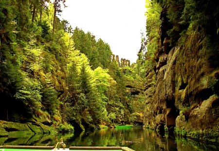 Natural beauty - nice, lakeshore, beauty, sky, trees, rocks, calm, pretty, reflection, river, green, cliffs, boat, lake, travel, summer, shore, lovely, slopes, serenity, nature, bank, beautiful, natural