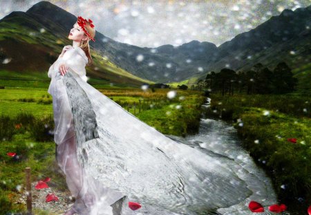 La dama del rio - beautiful, girl, grass, lady, river, fairy, mountain, woman, pretty, snowflakes, water, flowers, rio, sky, snowing, nice, dama, lovely, whine dressed, princess, green, snow