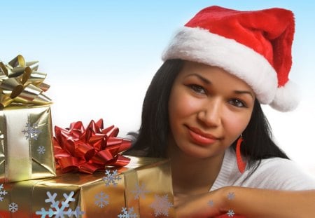 *** Christmas girl and gifts *** - women, snowflake, beautiful, santa, presents, christmas