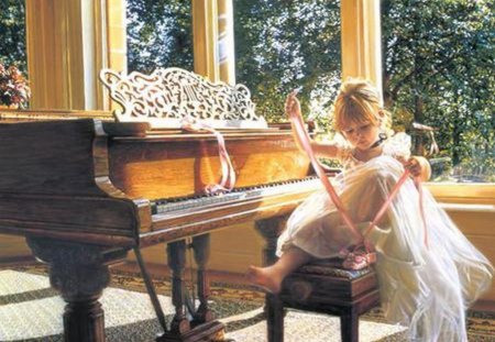 LITTLE BALLERINA - painting, piano, girl, dance, artwork, room, instrument, ballerina